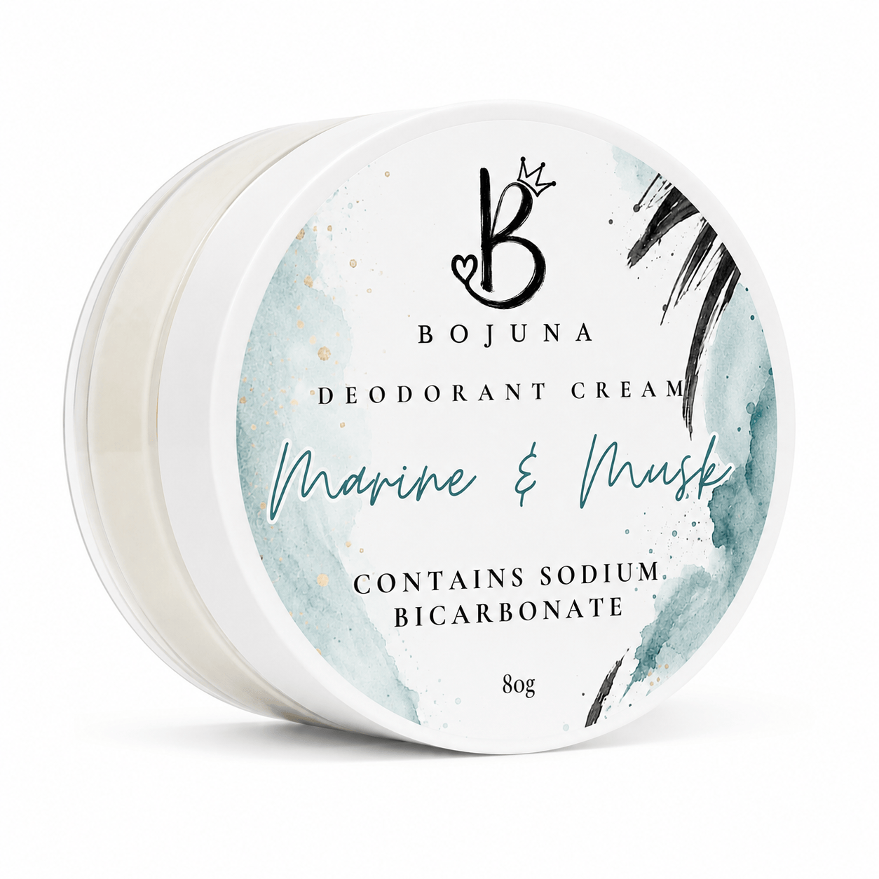 A round white plastic tub of Bojuna Deodorant Cream in the 'Marine & Musk' scent, featuring a watercolor design with teal, black, and gold accents on the lid.