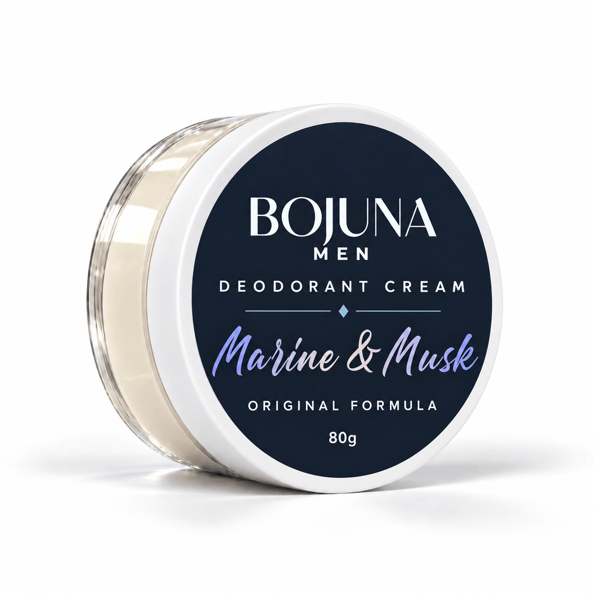 Bojuna Men Marine & Musk Original Formula Deodorant Cream 80g in a clear pot with a white lid and navy label, on a white background.