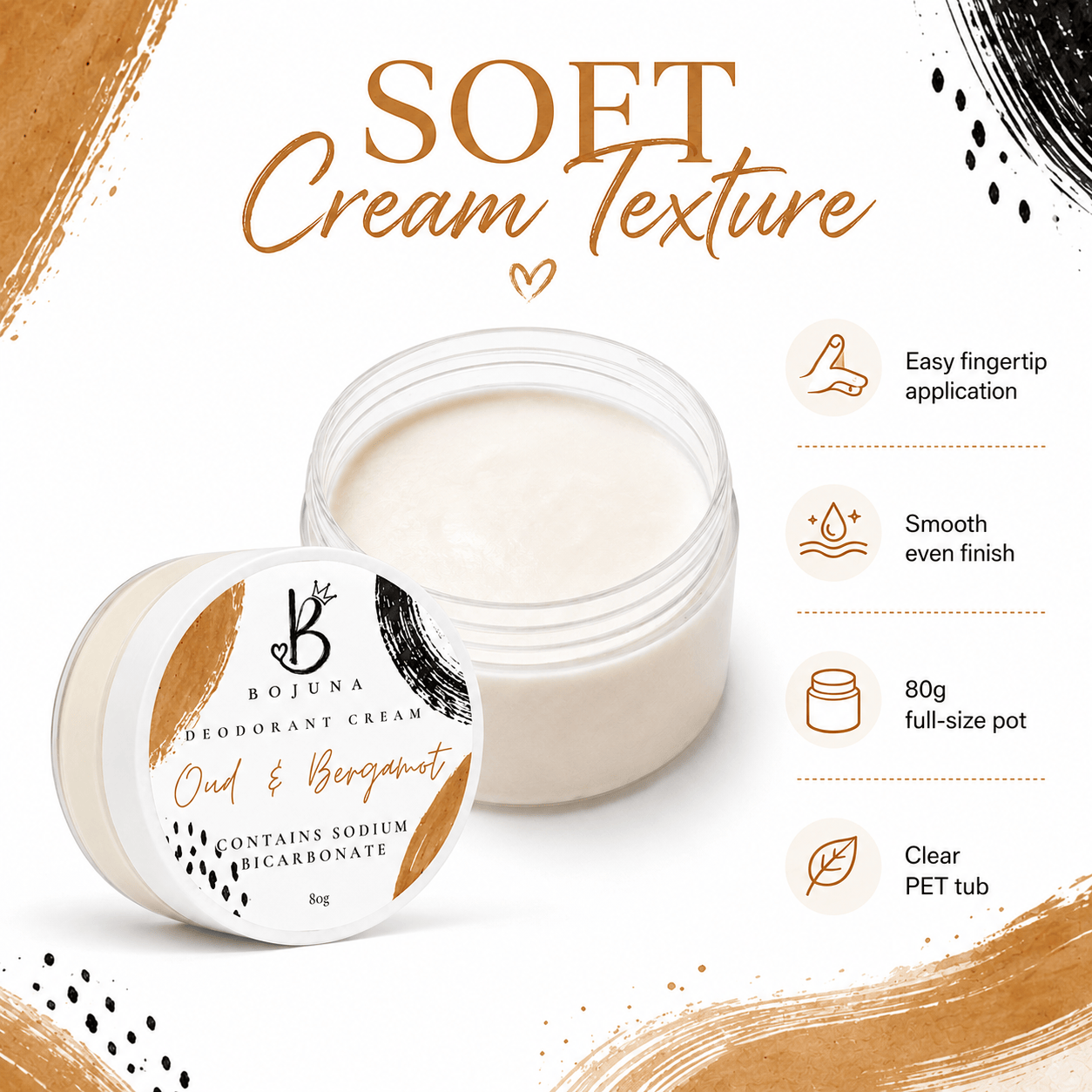 A jar of Bojuna Soft Cream Texture deodorant cream shown open with the lid beside it on a white background with decorative gold brushstrokes and feature callouts.