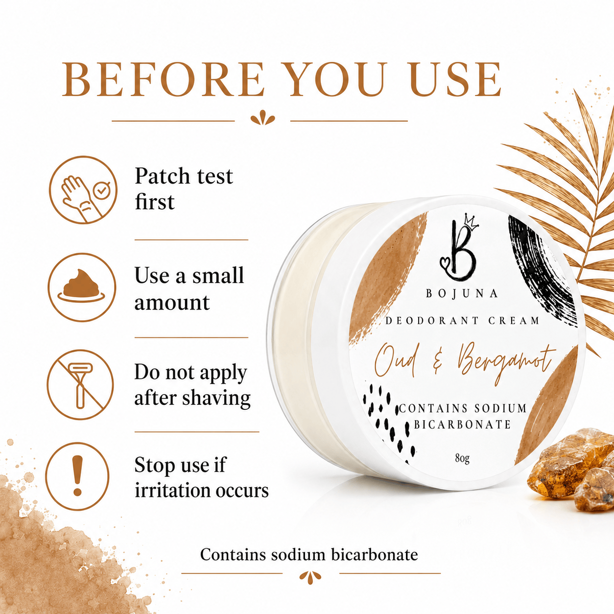 Bojuna Oud & Bergamot Deodorant Cream product package shown on a white background with 'BEFORE YOU USE' text and application tips on the left, plus decorative gold leaf and amber pieces on the right.