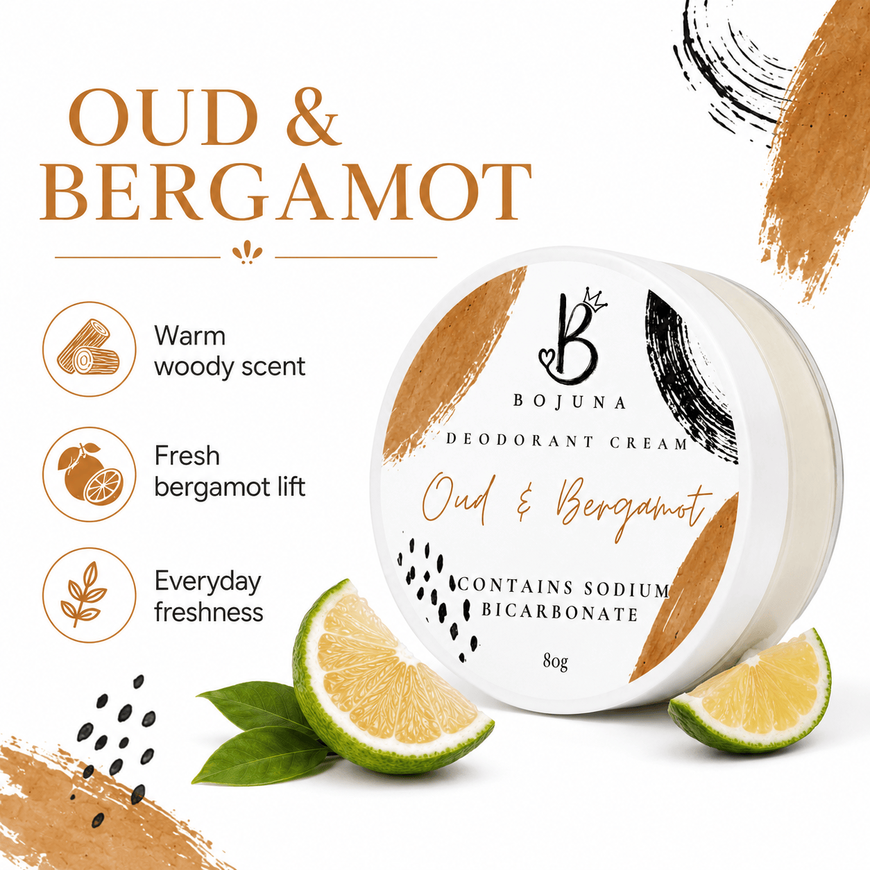 A round white jar of Bojuna Oud & Bergamot Deodorant Cream is shown on a white background with scent callouts and bergamot/lime graphics. The label features black and gold typography with abstract brushstroke accents.
