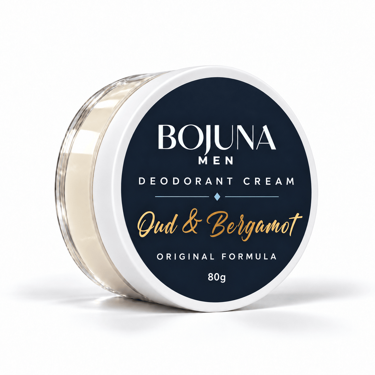 Bojuna Men Oud & Bergamot Original Formula Deodorant Cream 80g in a clear pot with a white lid and navy label, on a white background.