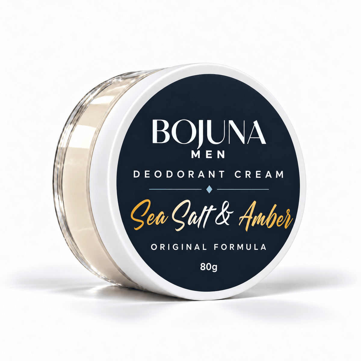 Bojuna Men Sea Salt & Amber Original Formula Deodorant Cream 80g in clear jar with white lid and navy label
