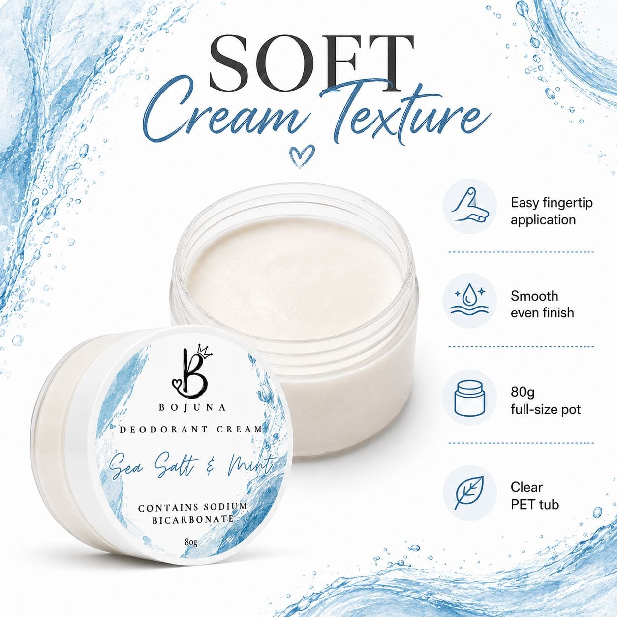 Bojuna Sea Salt & Mint deodorant cream in a clear jar with its lid placed beside it, shown on a white background with blue water splash graphics and feature callouts about soft cream texture, easy fingertip application, smooth even finish, 80g full-size pot, and clear PET tub.