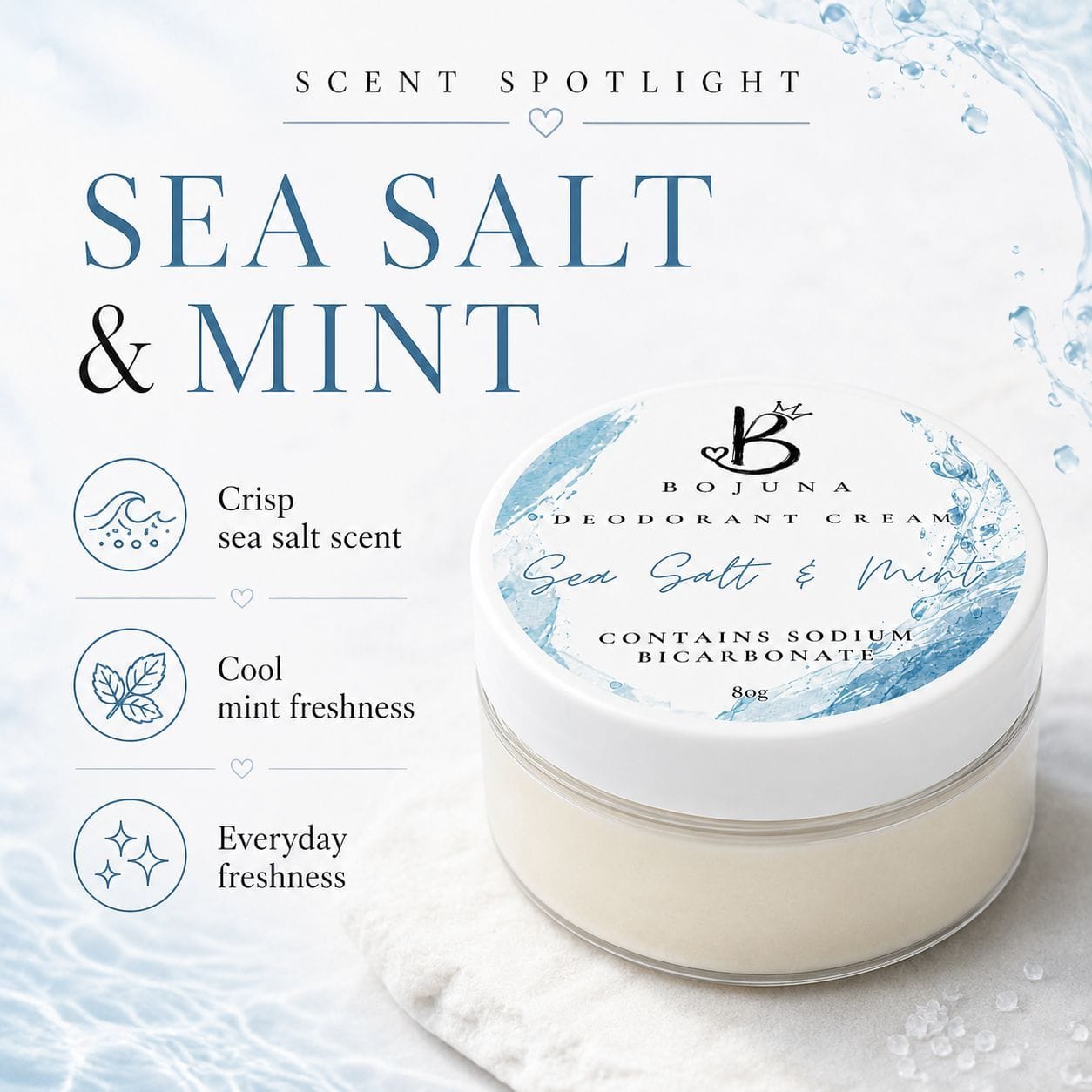 Bojuna Sea Salt & Mint deodorant cream jar on a white towel with water splash graphics, featuring scent highlights and product details on a light blue and white background.