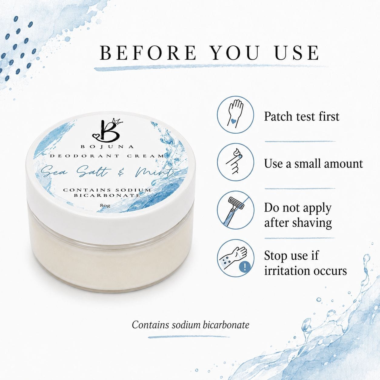 A jar of Bojuna Sea Salt & Mint deodorant cream shown on a white background with blue watercolor accents and a 'BEFORE YOU USE' instruction panel with icons and text.