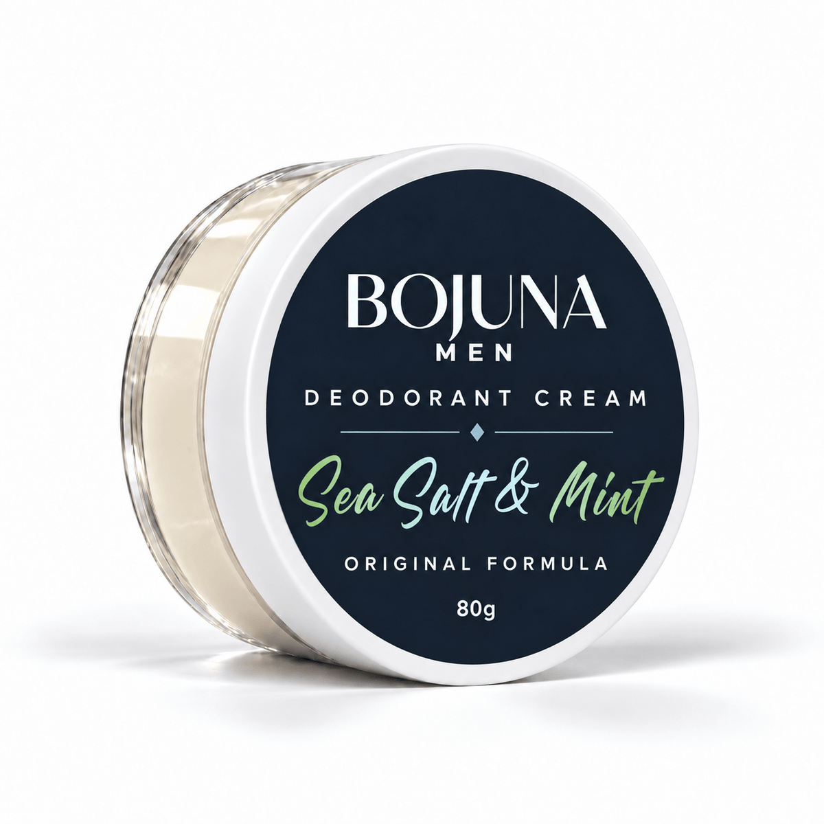 Bojuna Men Sea Salt & Mint Original Formula Deodorant Cream 80g in a clear pot with a white lid and navy label, on a white background.