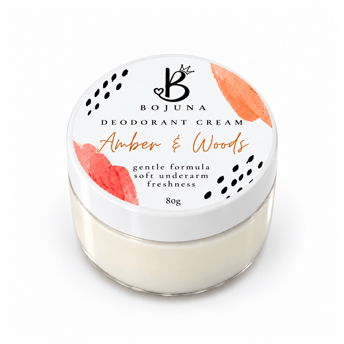 Bojuna Amber & Woods Sensitive Deodorant Cream 80g in a clear pot with a white labelled lid.