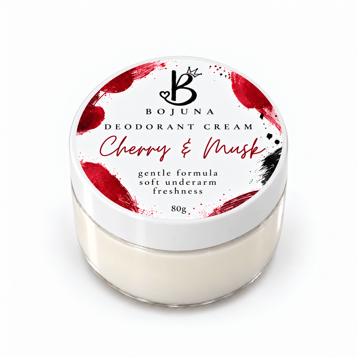 Bojuna Cherry & Musk Sensitive Deodorant Cream 80g in a clear pot with a white labelled lid.