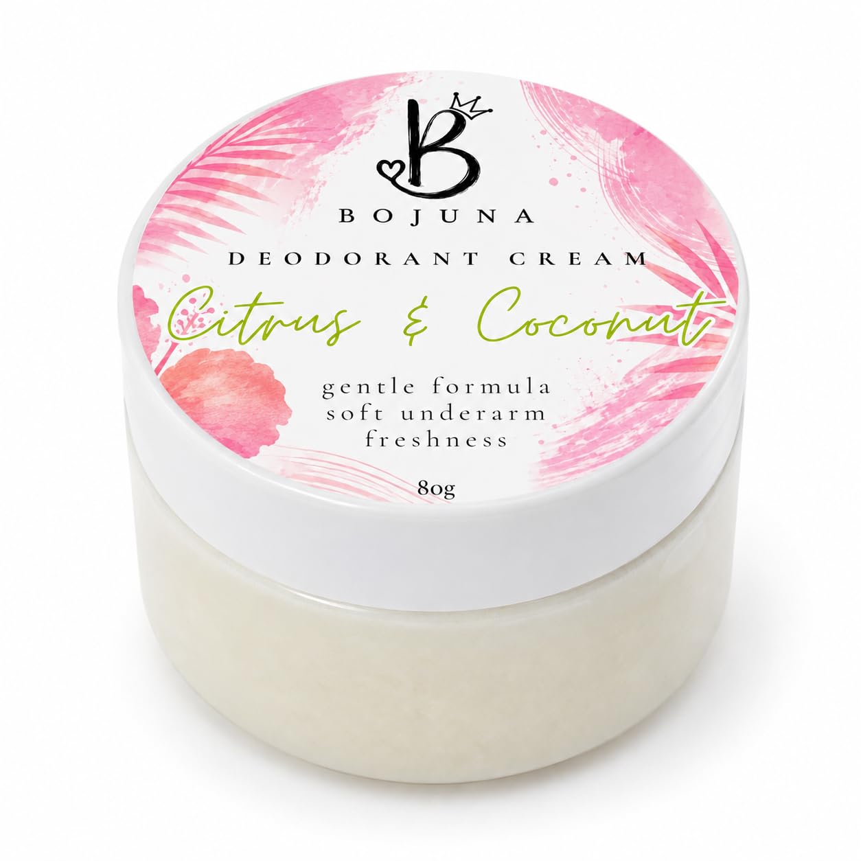 A 80g jar of Bojuna Deodorant Cream in the 'Citrus & Coconut' scent. The product is shown in a clear plastic jar filled with off-white cream, topped with a white lid featuring a pink tropical leaf pattern and black branding.
