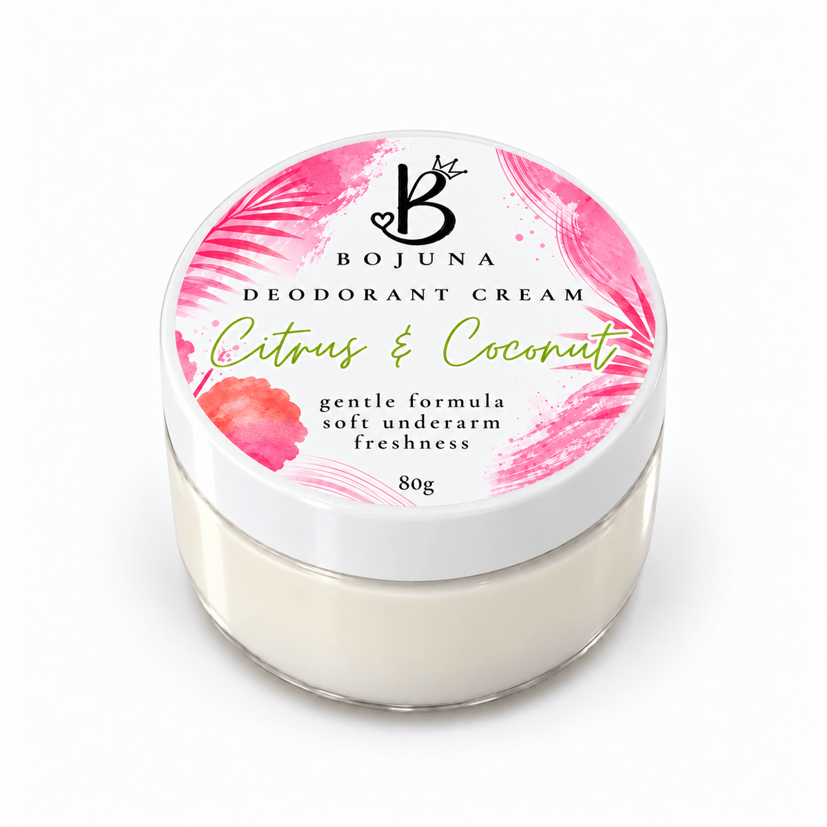 Bojuna Citrus & Coconut Sensitive Deodorant Cream 80g in a clear pot with a white labelled lid.