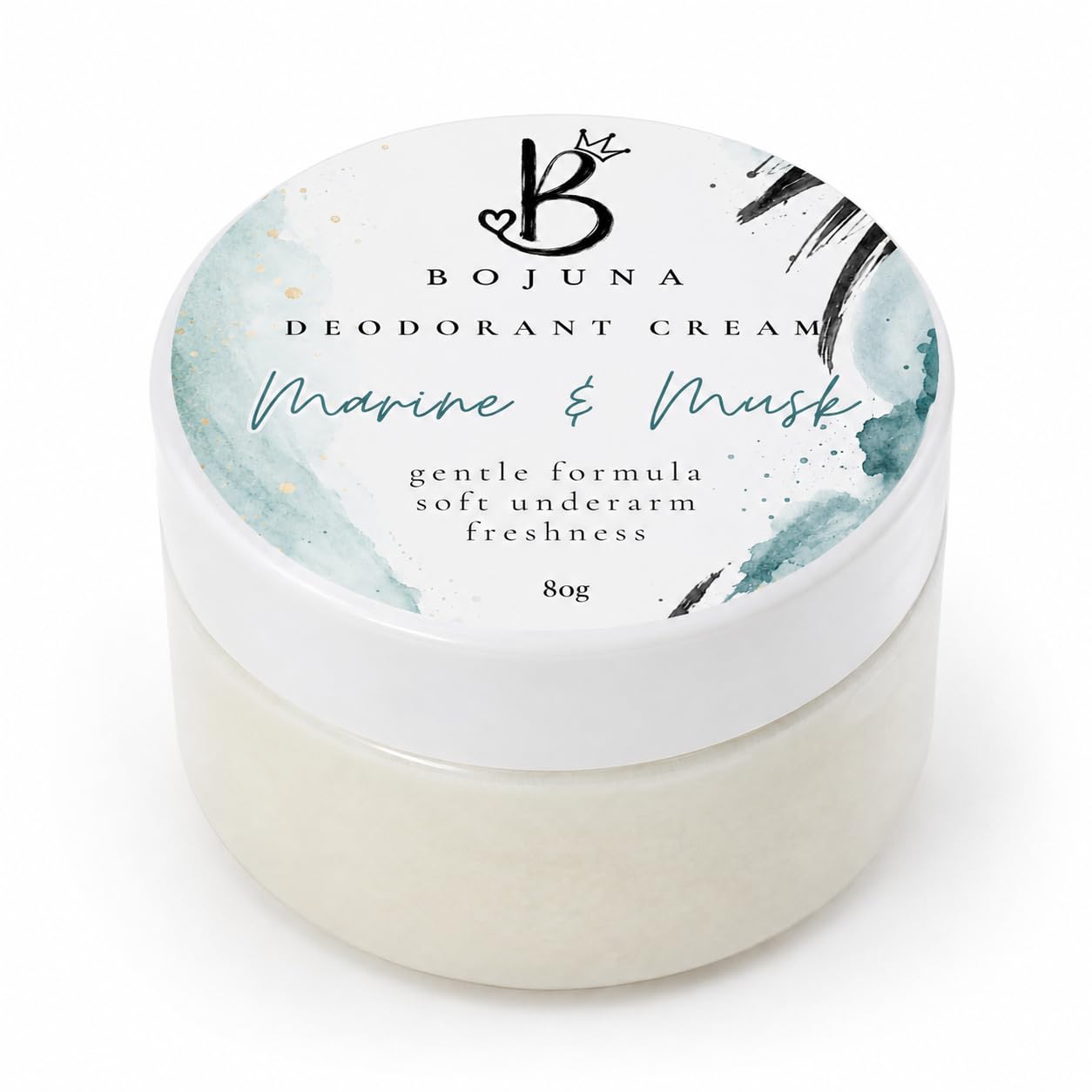 A round white plastic jar of Bojuna Marine & Musk Deodorant Cream, showing the creamy off-white product inside and a white lid decorated with a watercolor design in teal, black, and gold.