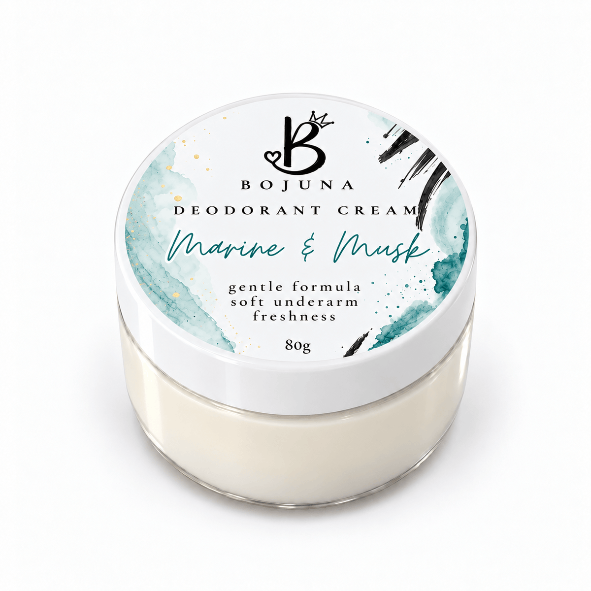 Bojuna Marine & Musk Sensitive Deodorant Cream 80g in a clear pot with a white labelled lid.