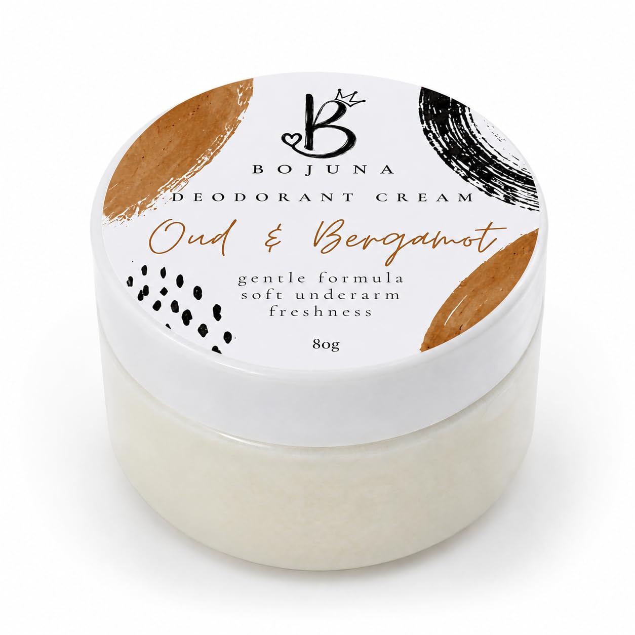 A 80g jar of Bojuna Oud & Bergamot Deodorant Cream, featuring a white lid with gold and black abstract designs and a white jar containing the cream.
