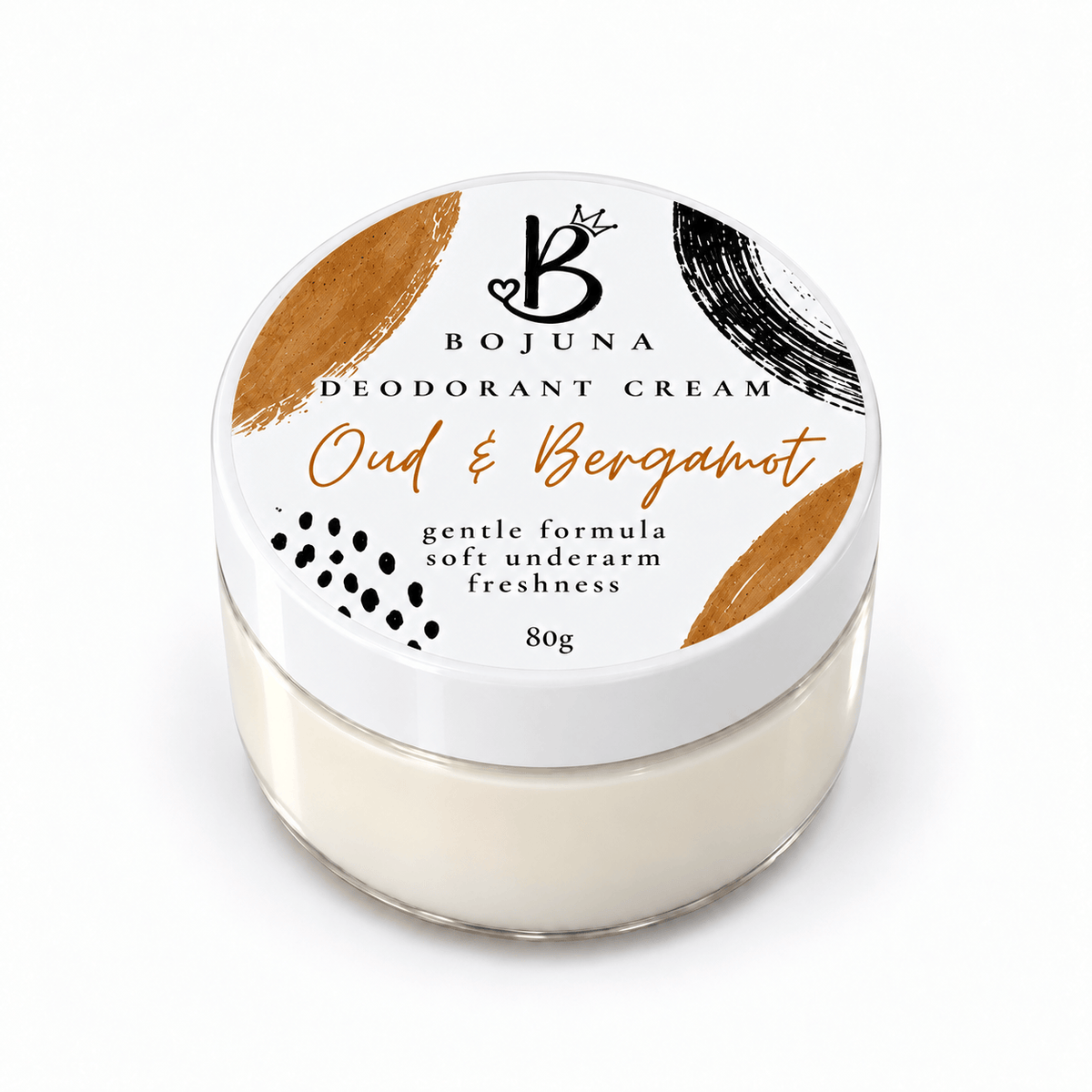 Bojuna Oud & Bergamot Sensitive Deodorant Cream 80g in a clear pot with a white labelled lid.