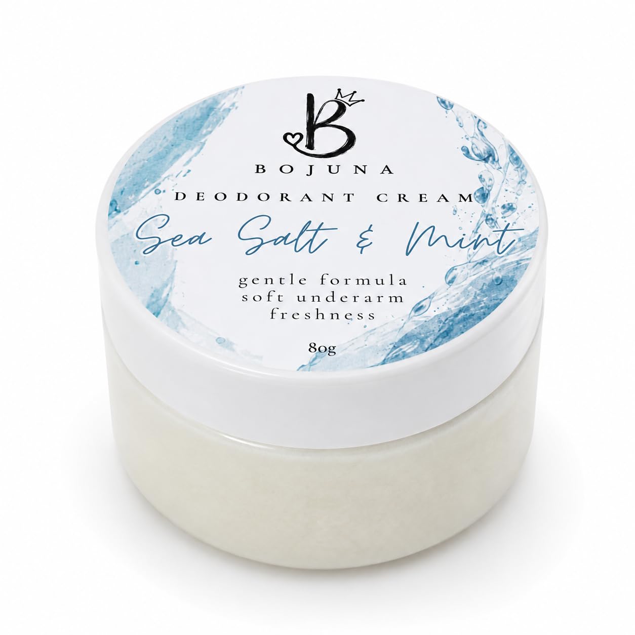 A 80g jar of Bojuna Sea Salt & Mint Deodorant Cream, featuring a white lid with blue watercolor splashes and a black logo, set against a clean white background.
