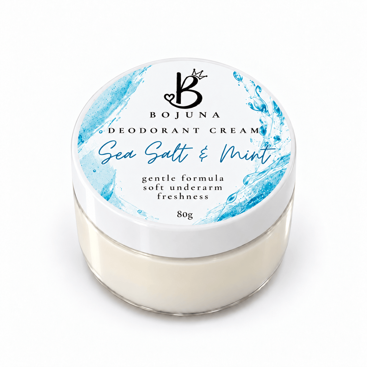 Bojuna Sea Salt & Mint Sensitive Deodorant Cream 80g in a clear pot with a white labelled lid.