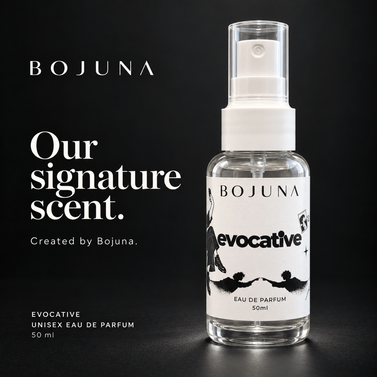Evocative unisex Eau de Parfum, Bojuna's signature scent, displayed against a dark background.