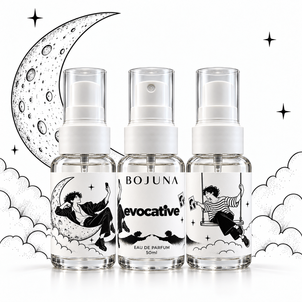 Three views of the same Bojuna Evocative 50 ml bottle showing its illustrated wraparound label beneath an ink crescent.