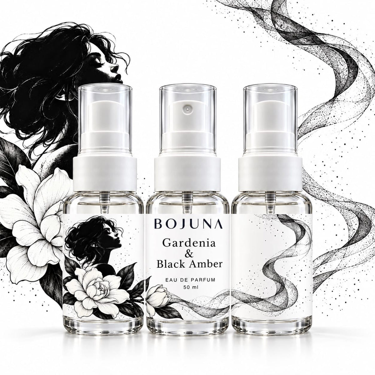Bojuna Gardenia & Black Amber Eau de Parfum wraparound botanical design