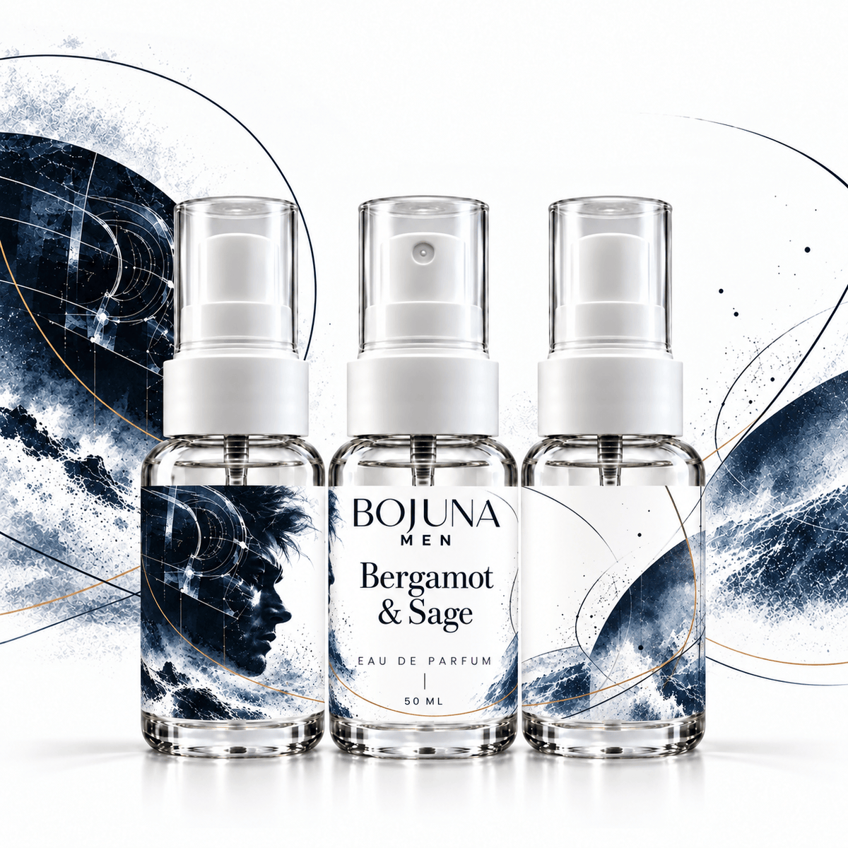 Bojuna Men Bergamot & Sage Eau de Parfum three bottle wrap view