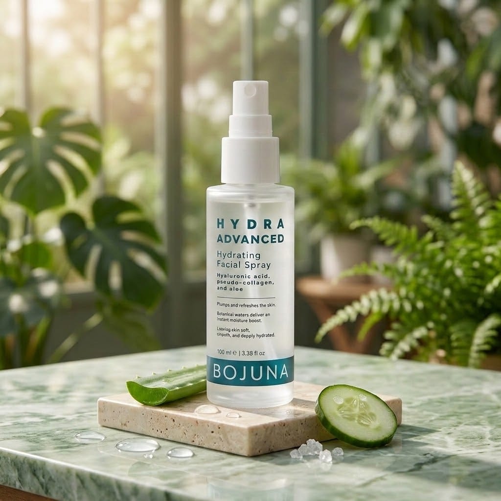 A bottle of BOJUNA Hydra Advanced Hydrating Facial Spray stands on a small stone block on a green marble surface, with aloe and cucumber slices nearby and a softly blurred indoor garden background.