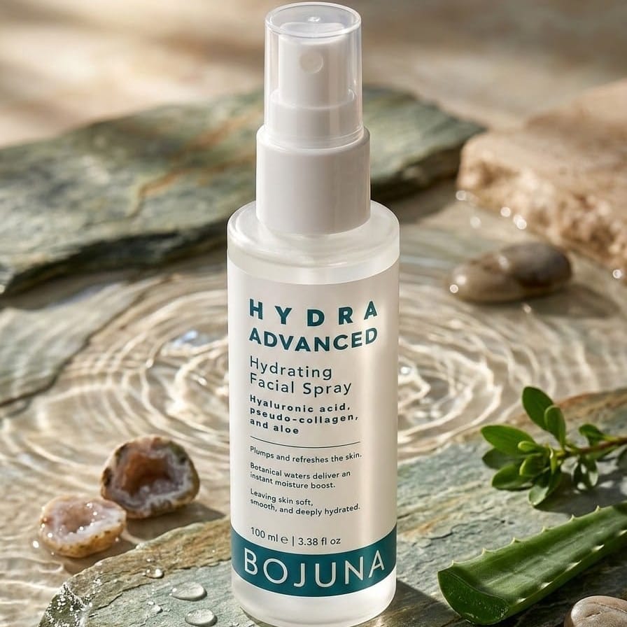 A bottle of BOJUNA Hydra Advanced Hydrating Facial Spray is displayed on a wet stone slab surrounded by natural elements like pebbles, aloe vera, and a green sprig, set against a water-textured background.