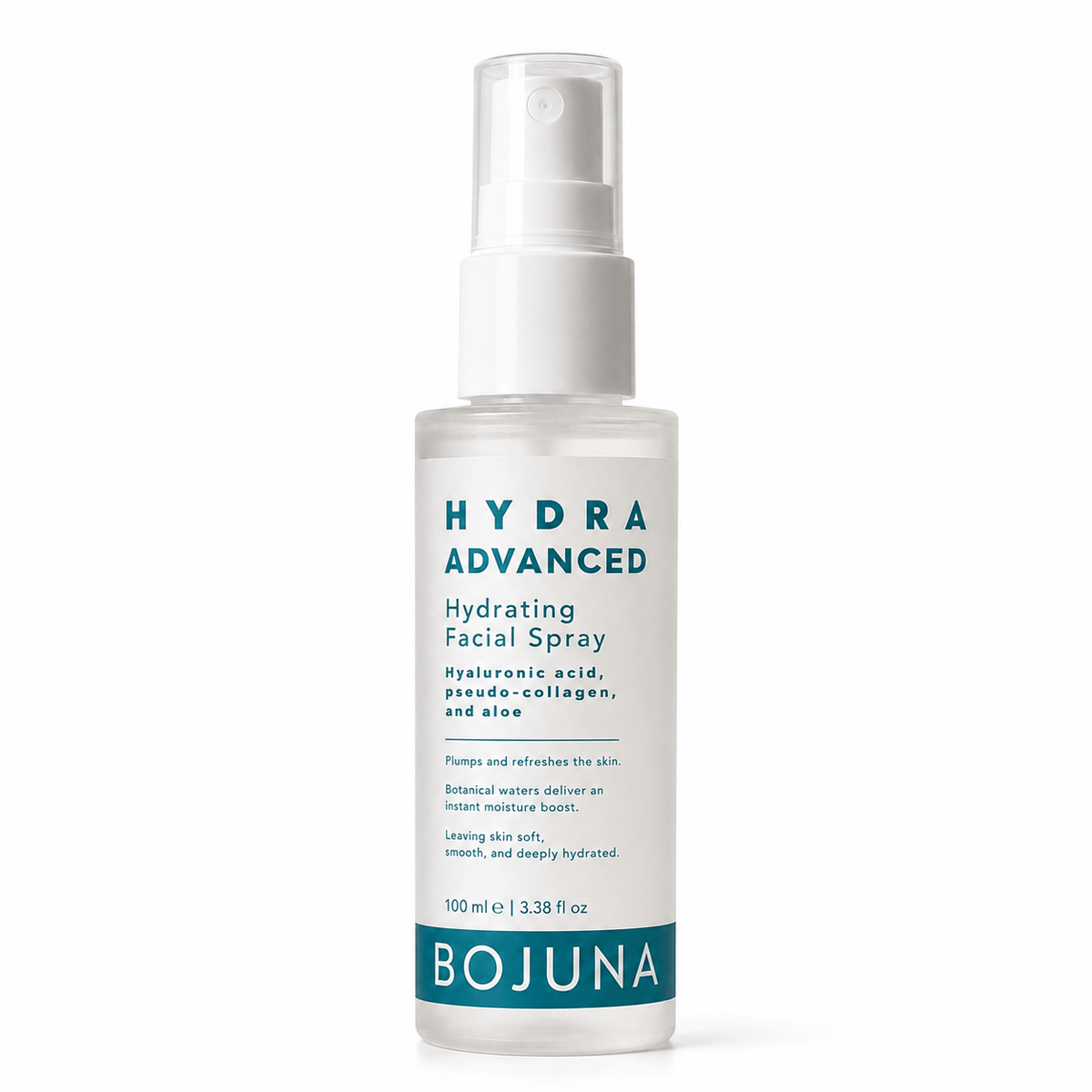 A 100ml bottle of Bojuna Hydra Advanced Hydrating Facial Spray, featuring a white bottle and pump with teal text and accents on a clean white background.