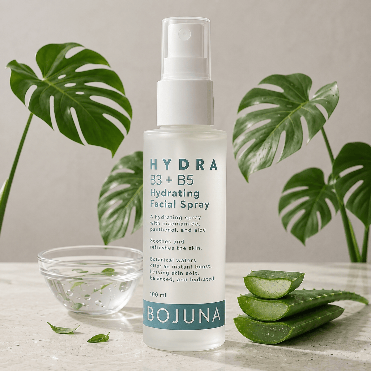 A bottle of BOJUNA Hydra B3 + B5 Hydrating Facial Spray stands on a light stone surface, surrounded by green monstera leaves, a small glass bowl of clear liquid, and aloe vera slices. The product bottle is frosted white with teal text and a white spray top.