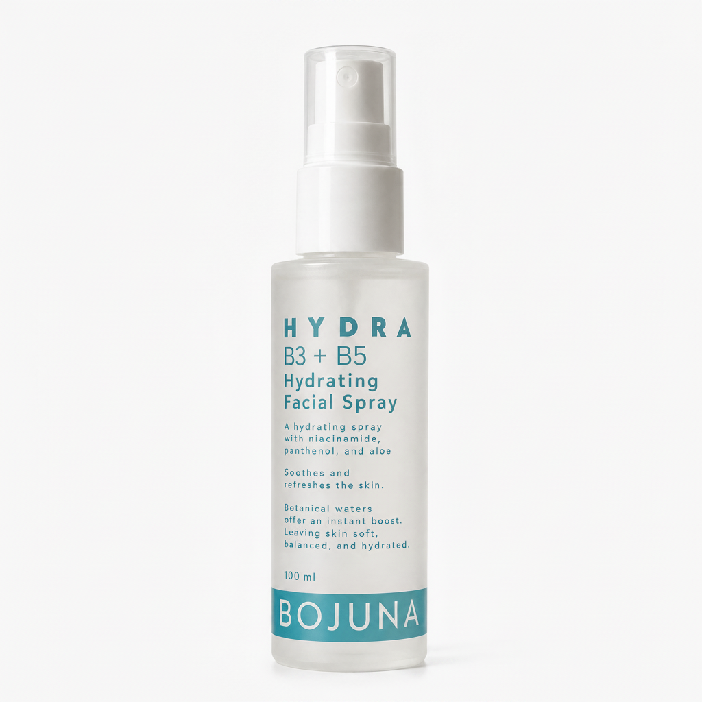 A 100 ml bottle of Bojuna Hydra B3 + B5 Hydrating Facial Spray, featuring a frosted white bottle with teal text and a clear spray cap, set against a clean white background.