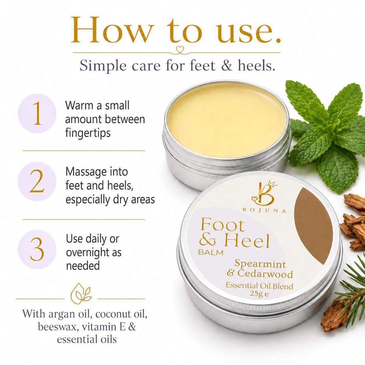 Bojuna Foot & Heel Balm shown in an open round tin beside its labeled lid on a white background, with usage steps and mint/wood props around it.