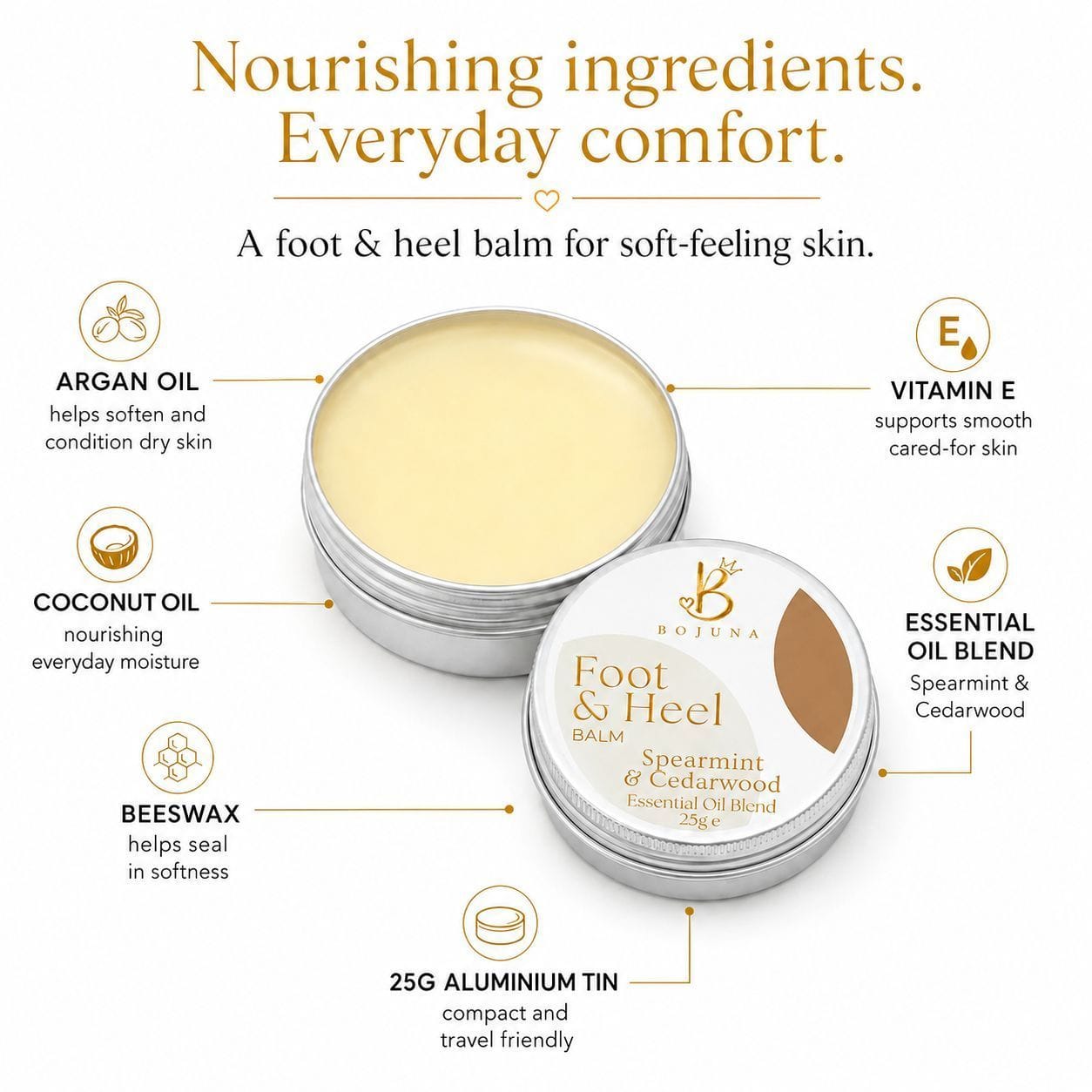 A silver round tin of Bojina Foot & Heel Balm shown open with pale yellow balm inside, alongside the closed lid. The image includes marketing text and icons explaining ingredients such as argan oil, coconut oil, beeswax, vitamin E, and essential oil blend on a white background.
