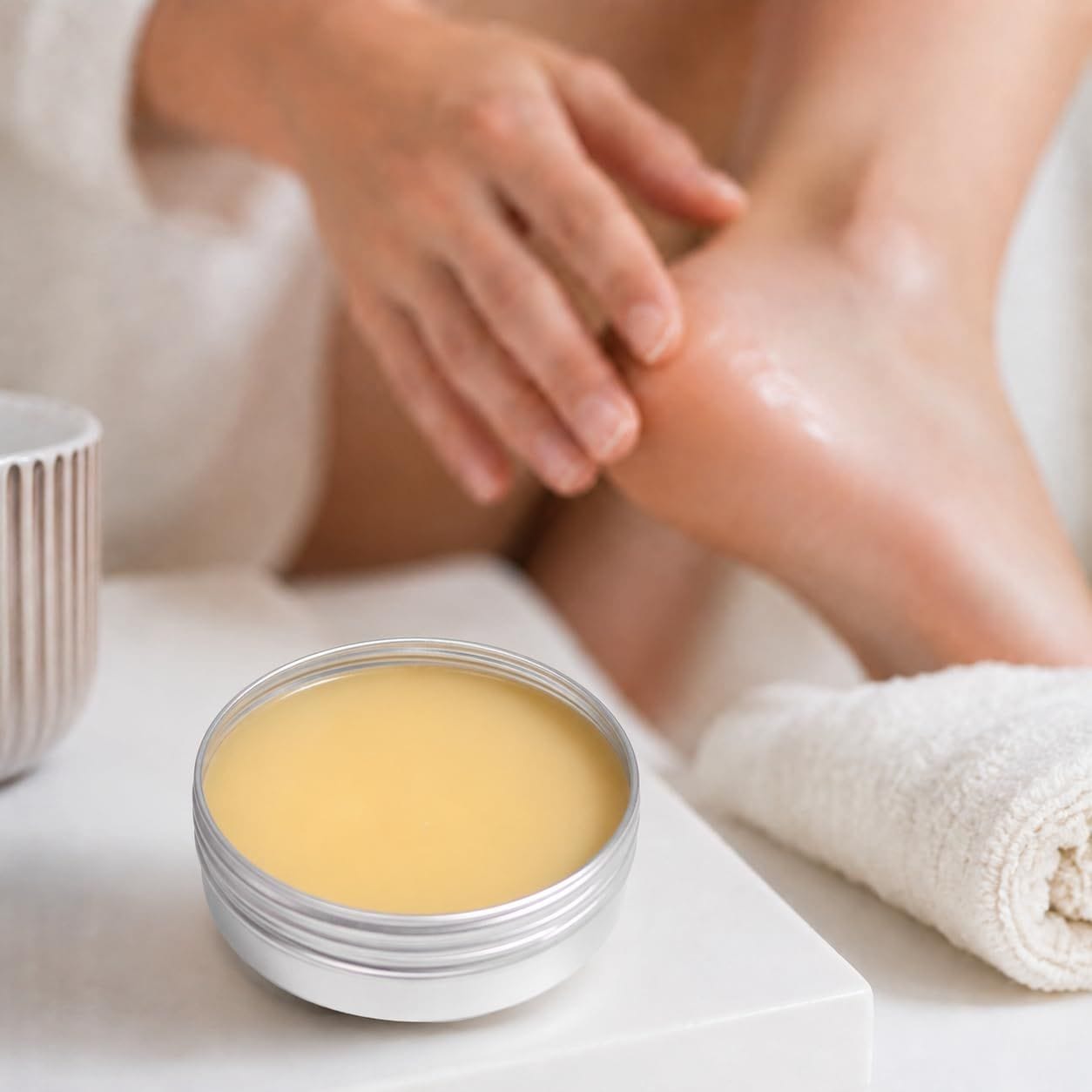 A silver tin of pale yellow balm or cream sits on a white surface in the foreground, while a person's hand and foot are shown in soft focus applying the product to the skin. A white towel and a small ribbed container are also visible in a spa-like setting.