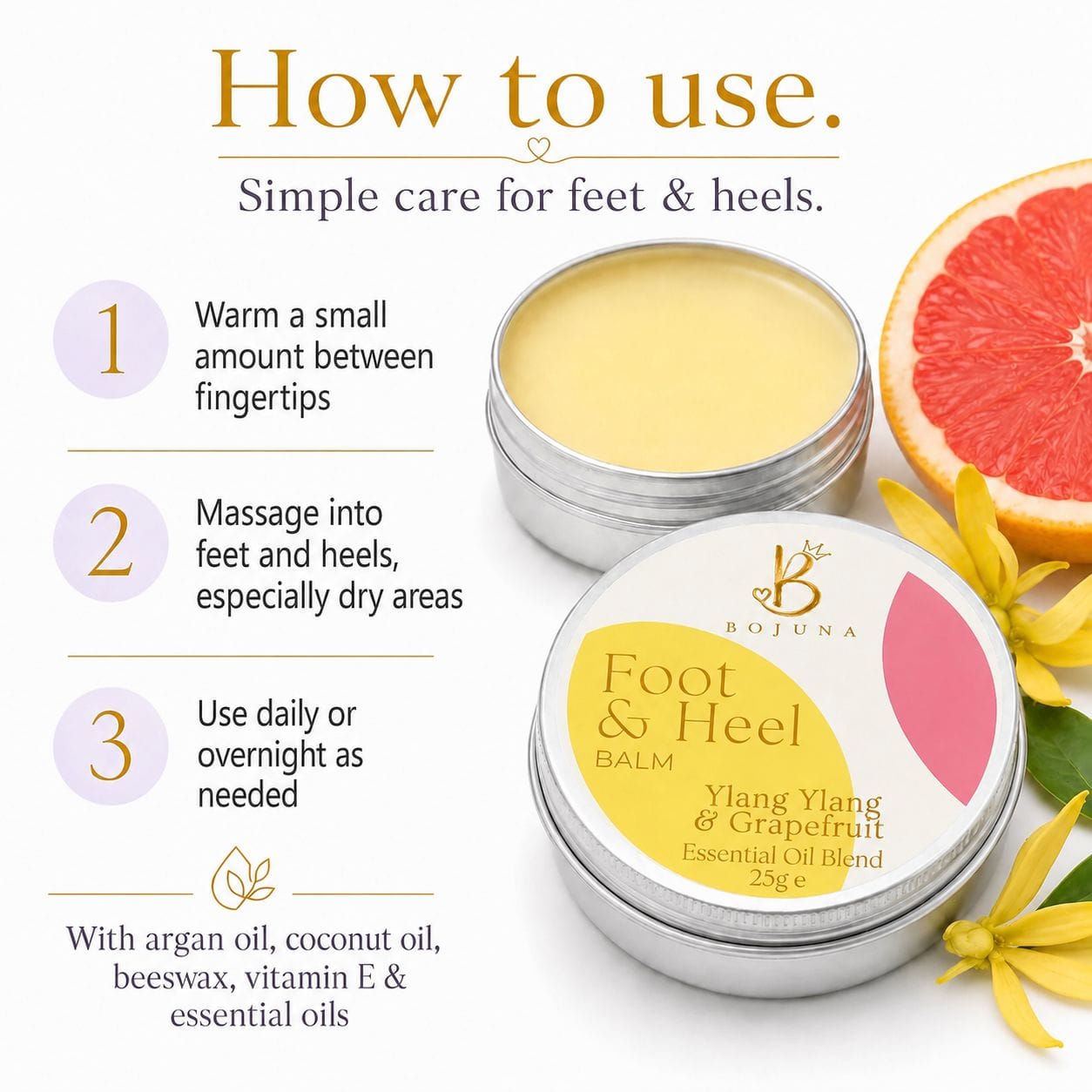 A silver round tin of Bojuna Foot & Heel Balm is shown on a white background with instructional text and ingredient callouts. The balm inside is pale yellow, and the label is white and yellow with pink accents.