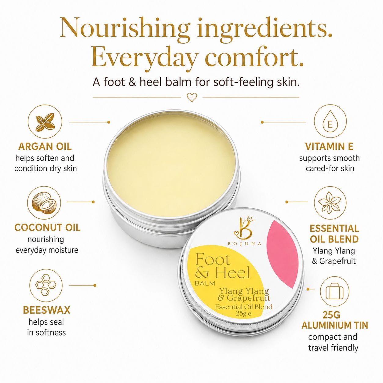 A foot and heel balm tin shown open with pale yellow balm inside, alongside the closed label tin on a white background. Text around the product lists ingredients and benefits: argan oil, coconut oil, beeswax, vitamin E, and essential oil blend.