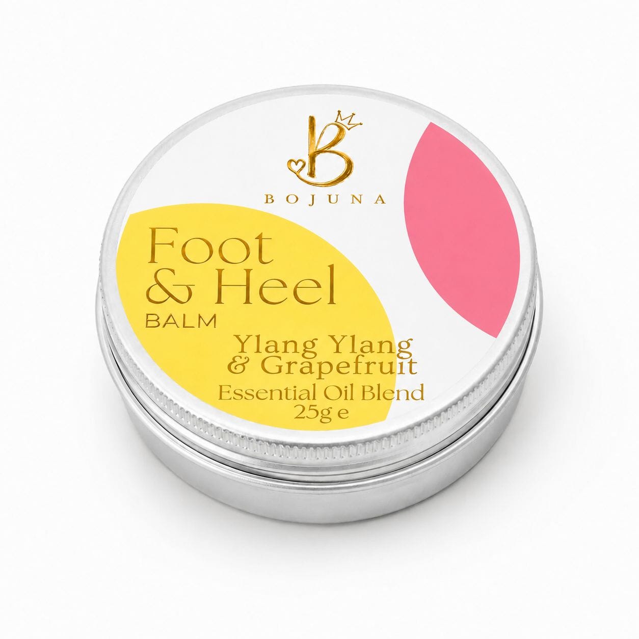 A round silver metal tin of Bojuna Foot & Heel Balm, featuring a white label with yellow and pink graphic shapes and gold lettering.