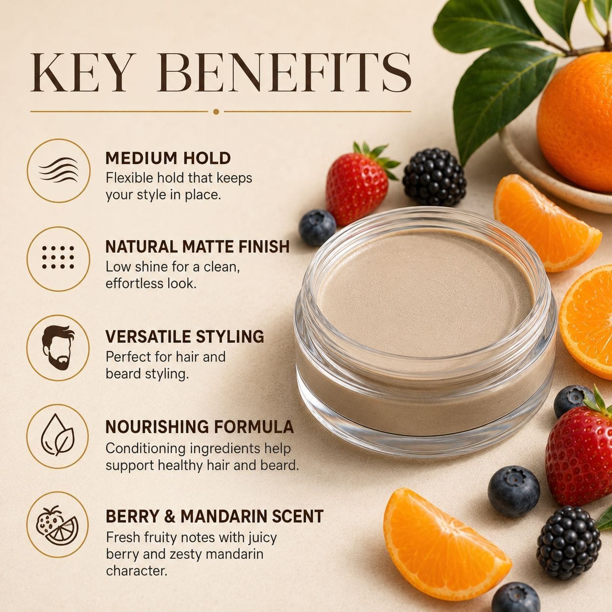 A jar of light beige hair pomade is displayed on a beige background with fresh fruit slices, berries, and strawberries around it. The left side features a 'KEY BENEFITS' section with text and icons describing the product's medium hold, natural matte finish, versatile styling, nourishing formula, and berry & mandarin scent.