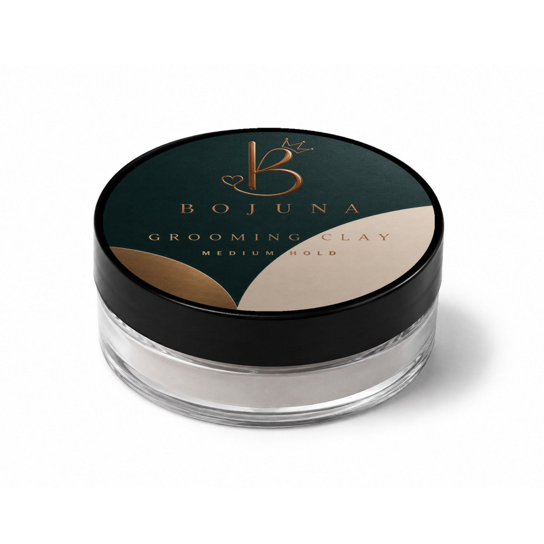A clear round plastic jar of Bojuna Grooming Clay in Medium Hold, featuring a black lid with a dark green and beige graphic label.