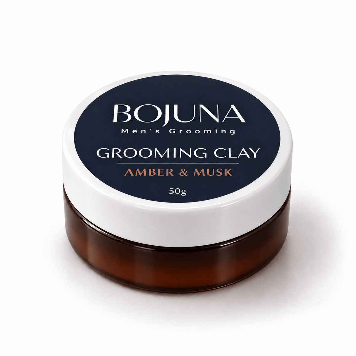 Bojuna Amber & Musk Grooming Clay 50g in a dark amber jar with its navy label and white lid.
