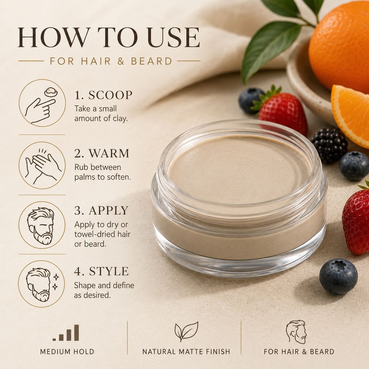 A jar of clay hair and beard styling product on a beige background with usage instructions on the left and fruit props around the jar.