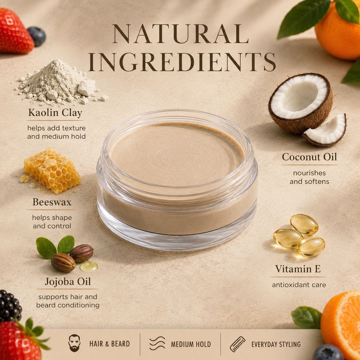 A cosmetic jar filled with beige product centered on a tan background, surrounded by ingredient callouts including Kaolin Clay, Coconut Oil, Beeswax, Jojoba Oil, and Vitamin E. Large text reads 'NATURAL INGREDIENTS'.