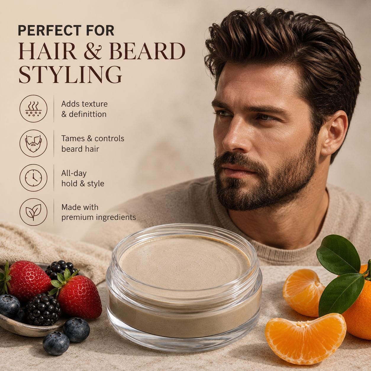 A man with styled hair and beard appears beside a jar of light beige hair and beard styling product, with text listing benefits such as adding texture and definition, tame and control beard hair, all-day hold & style, and made with premium ingredients. Fruit props are arranged around the jar.