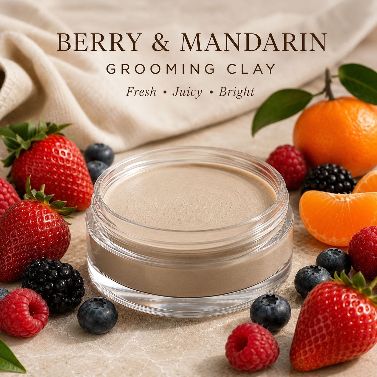 A jar of Berry & Mandarin Grooming Clay shown on a beige surface with fresh berries, oranges, and fabric in the background. Text at the top reads 'BERRY & MANDARIN GROOMING CLAY' and 'Fresh Juicy Bright'.