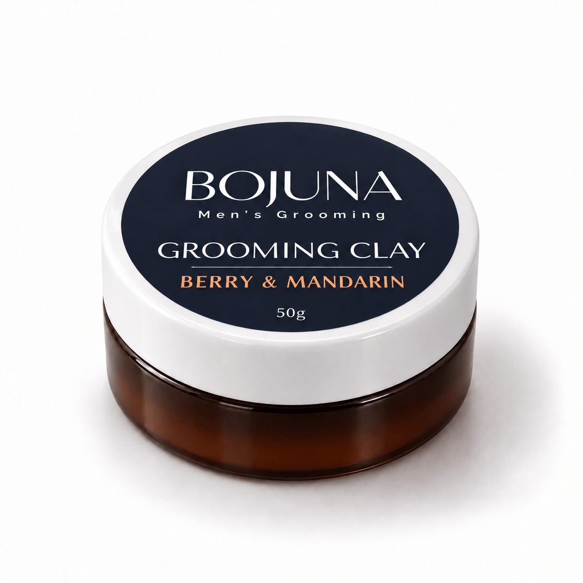 Bojuna Berry & Mandarin Grooming Clay 50g in a dark amber jar with its navy label and white lid.
