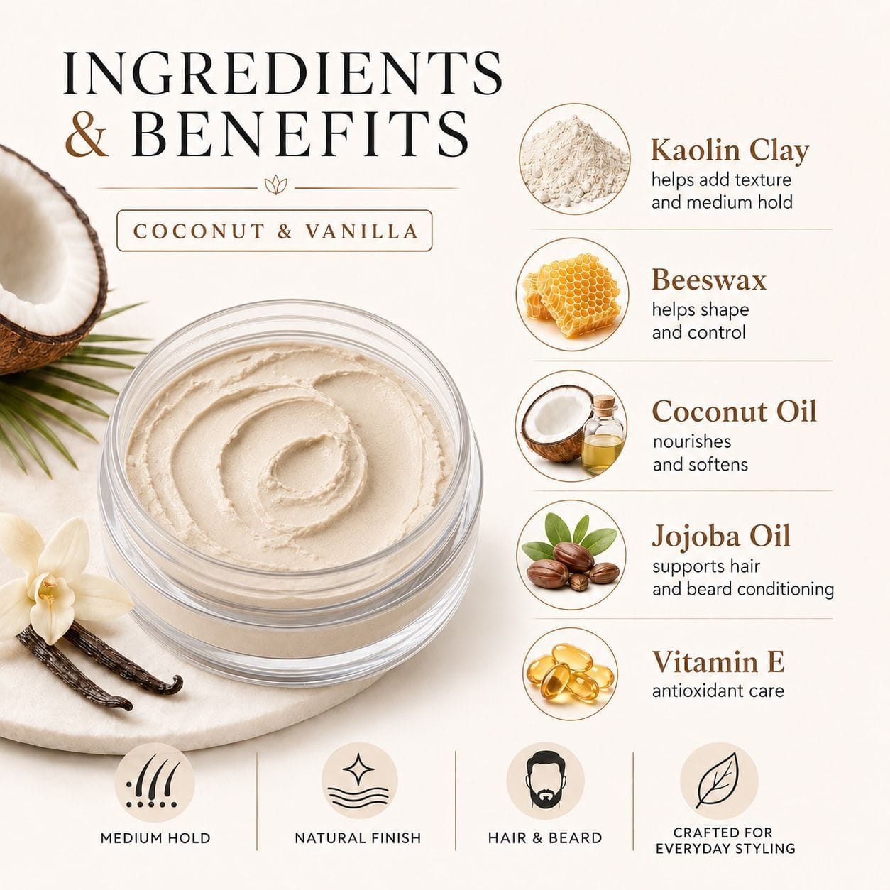 Ingredients and benefits graphic for a coconut and vanilla hair product, showing a jar of cream-colored product, a sliced coconut, vanilla beans, and text listing benefits from Kaolin Clay to Vitamin E.