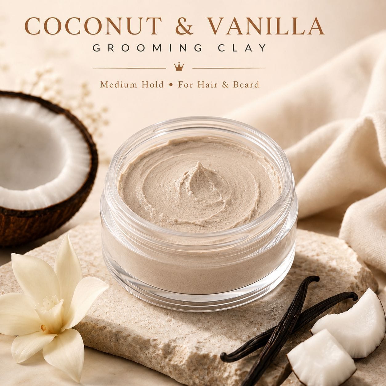 A jar of Coconut & Vanilla Grooming Clay for hair and beard styling, shown open with the cream inside. The product is styled on a stone slab with a halved coconut, vanilla bean, coconut pieces, and a white flower, with text at the top reading 'COCONUT & VANILLA GROOMING CLAY'.