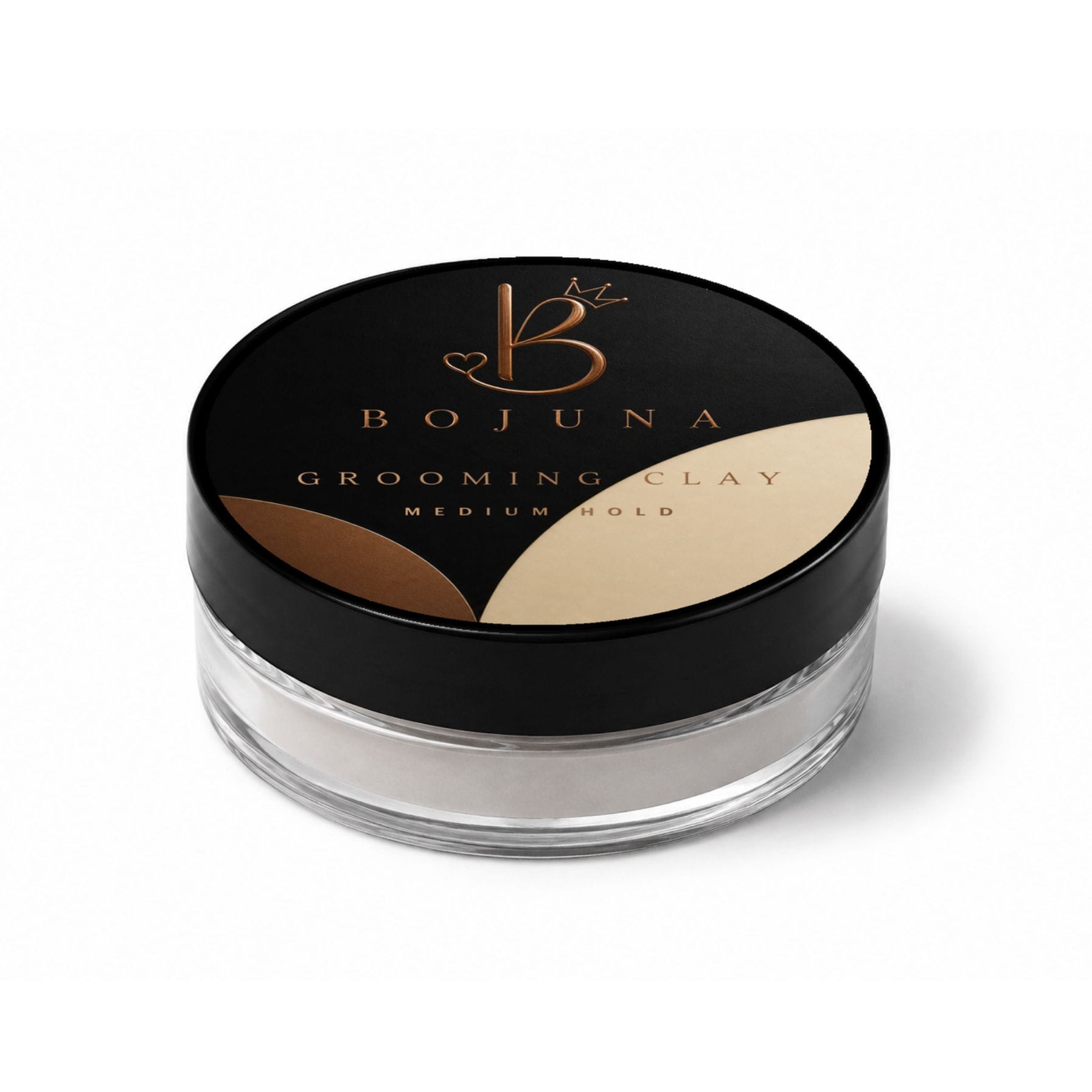 A clear plastic jar of Bojuna Grooming Clay in the shade Medium Hold, featuring a black lid with gold lettering and a color swatch showing the medium brown powder.