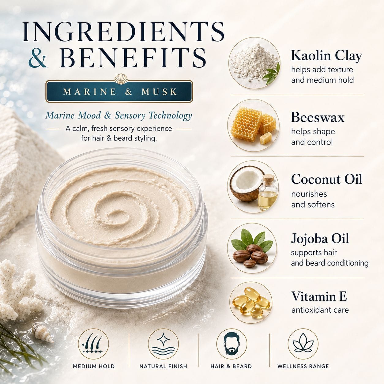 Ingredients and benefits infographic for Marine & Musk hair and beard styling product, featuring a small clear jar of cream-colored pomade or balm on a light textured background with callouts for Kaolin Clay, Beeswax, Coconut Oil, Jojoba Oil, and Vitamin E.