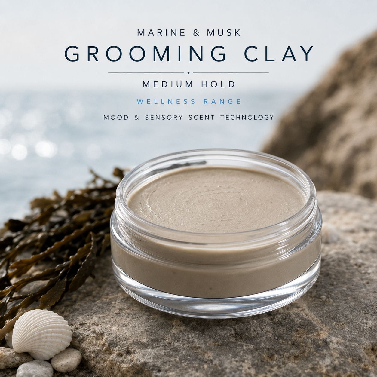 An open clear jar of grooming clay product sits on a rock outdoors, with seaweed, shells, and blurred water in the background. Text at the top reads 'Marine & Musk Grooming Clay, Medium Hold, Wellness Range, Mood & Sensory Scent Technology.