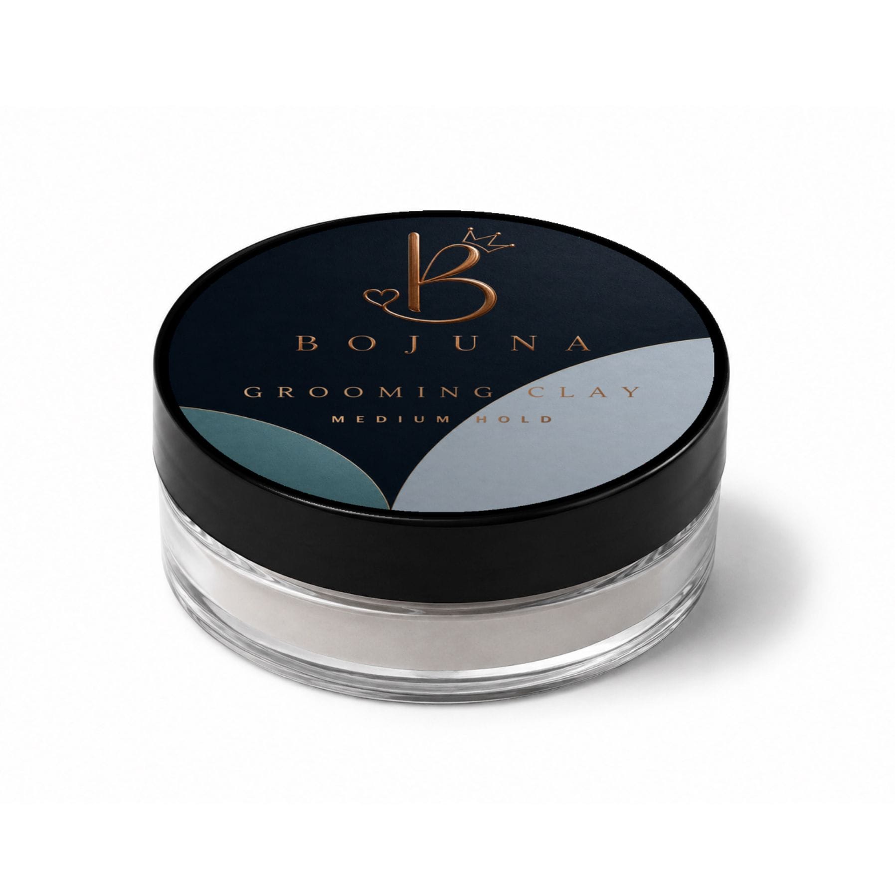 A clear plastic jar of Bojuna Grooming Clay in the shade Medium Gold, featuring a black lid with a gold logo and abstract teal and gray color blocks, set against a plain white background.